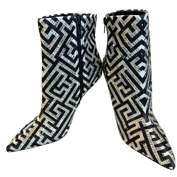 INC Black White Maze Rakima Sparkle Pointed Toe Gold Heeled Women's Boots 8 - Picture 4 of 9